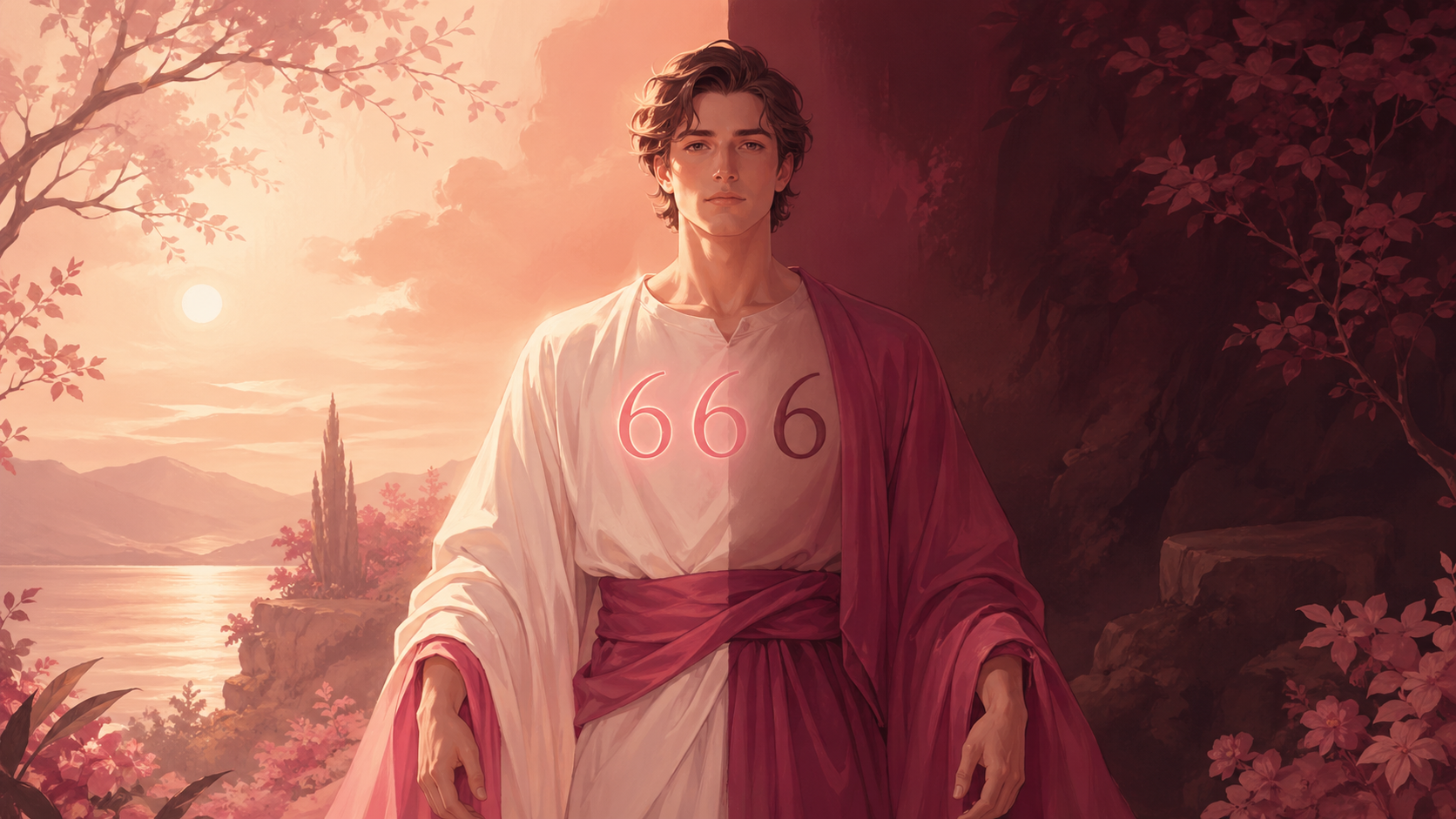 homme européen châtain debout entre lumière et ombre avec le chiffre 666, enseignement du nombre 666 en numérologie