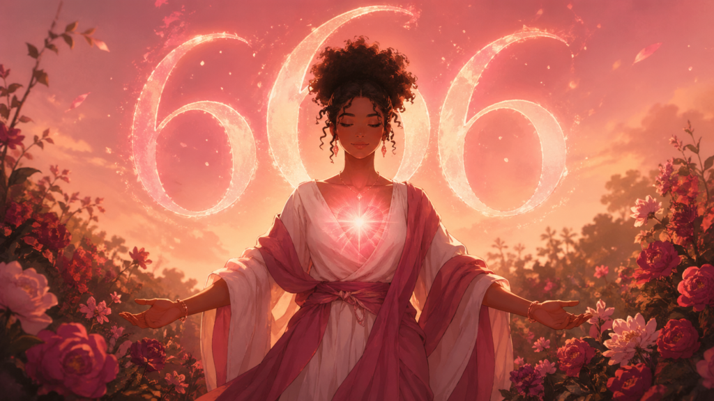 femme africaine debout dans un jardin fleuri avec le chiffre 666 en rose profond et or, signification du nombre 666 en numérologie