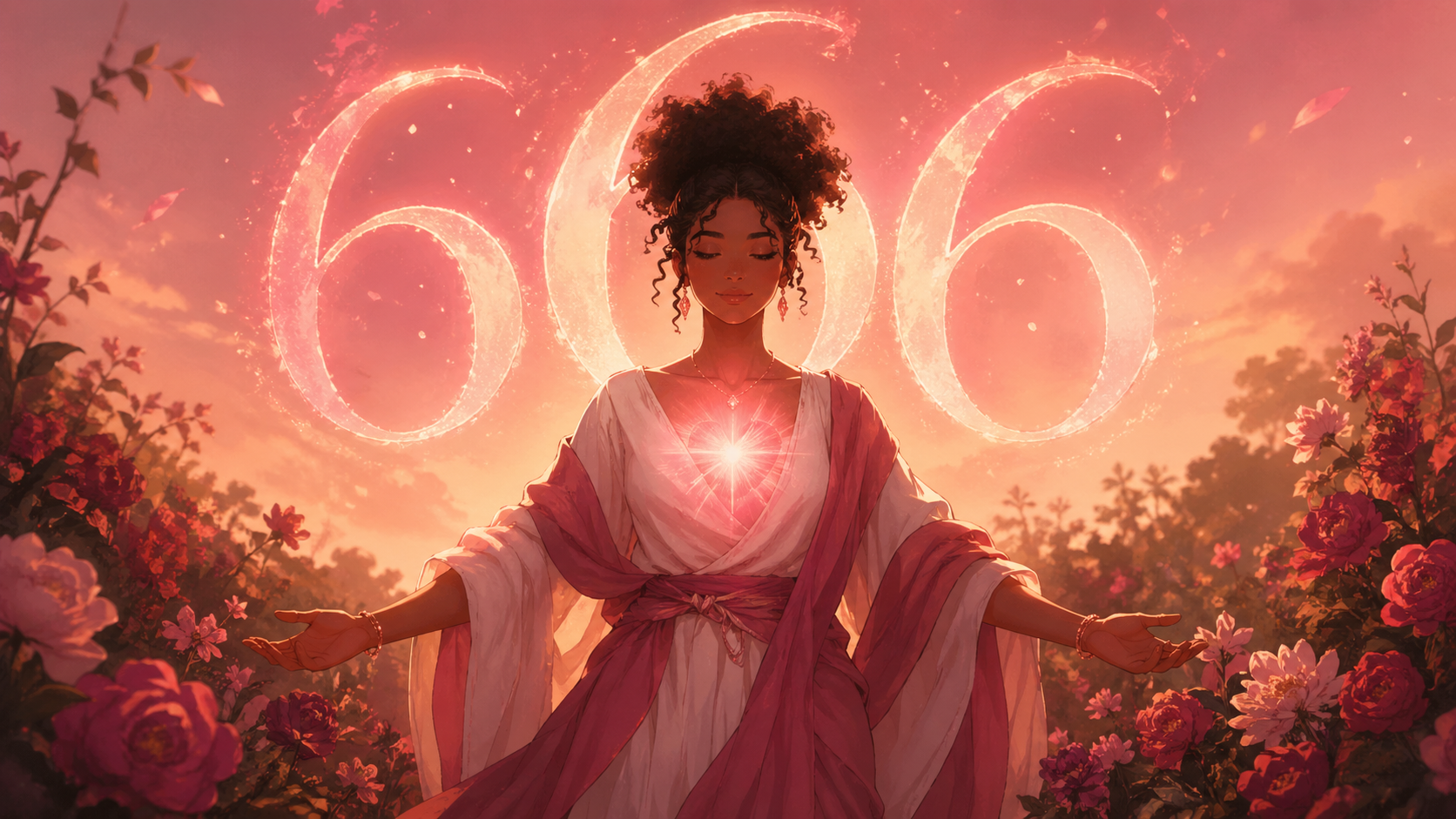 femme africaine debout dans un jardin fleuri avec le chiffre 666 en rose profond et or, signification du nombre 666 en numérologie