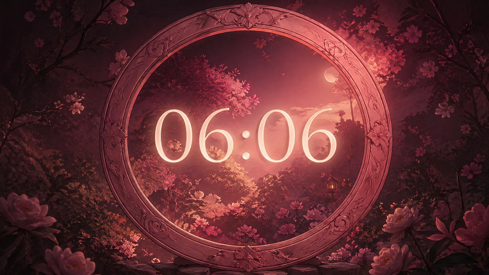 heure miroir 06:06 dans un cercle élégant sur fond de jardin nocturne rose et or, synchronicité du nombre 666 en numérologie