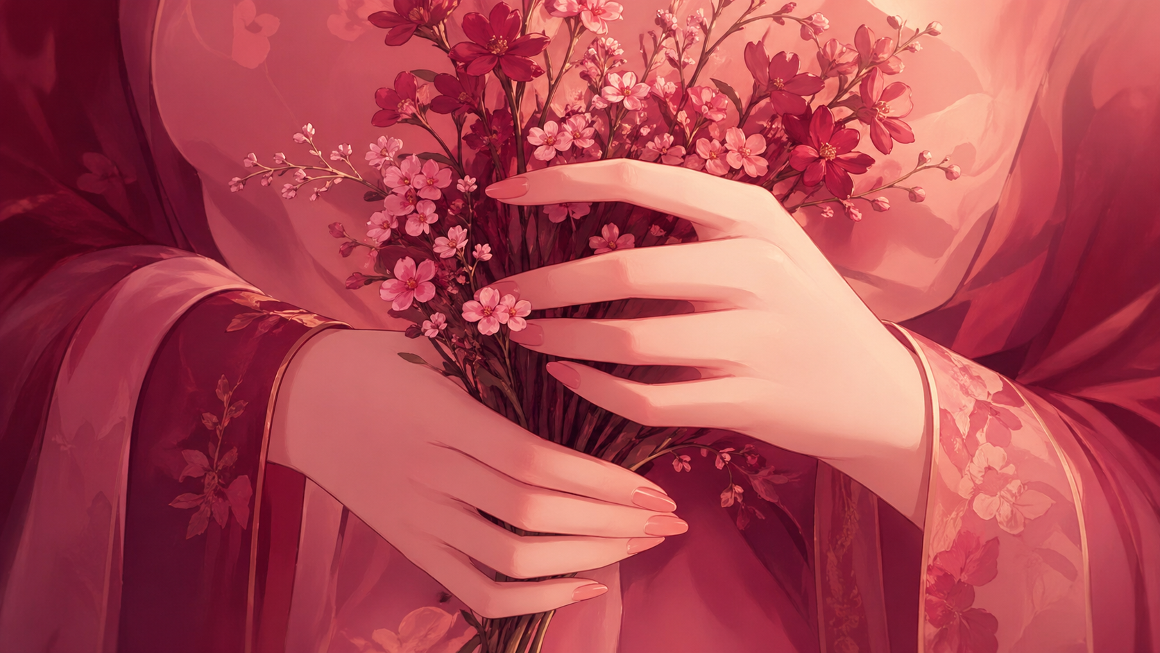 mains asiatiques tenant délicatement un bouquet de fleurs roses dans une lumière rose profonde, message vibratoire du nombre 666 en numérologie