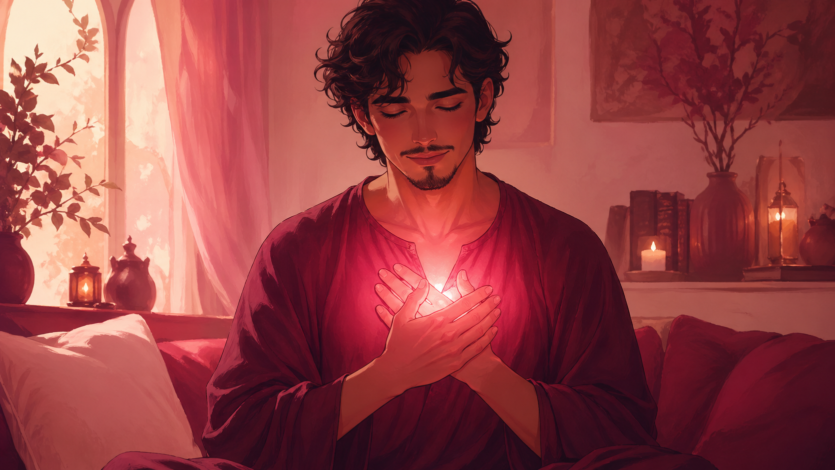 homme latinos en méditation les mains sur le cœur dans une lumière rose profonde, vibration du nombre 666 en numérologie