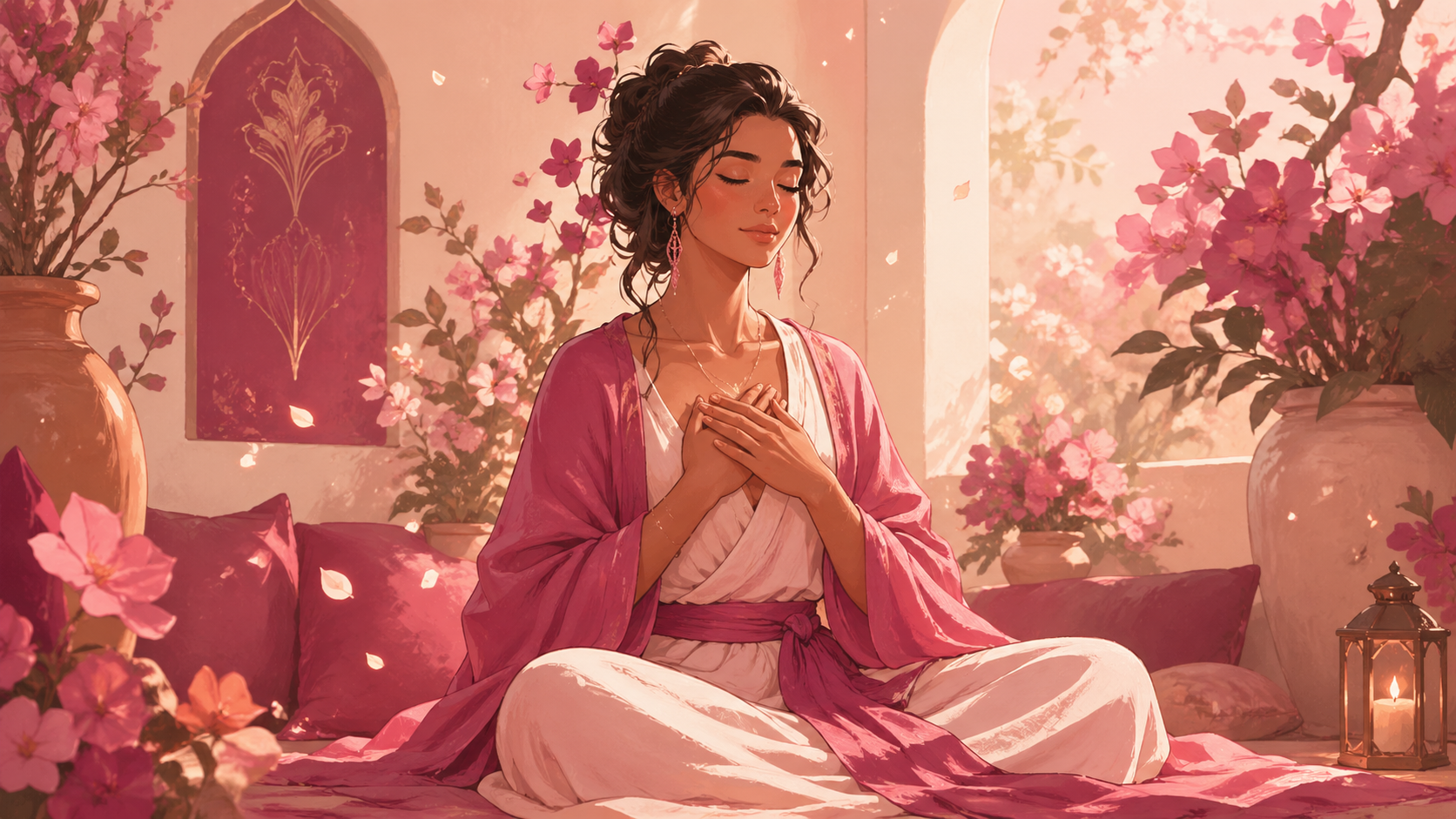 femme métisse en méditation dans un jardin intérieur avec de légers scintillements or rosé, méditation guidée du nombre 666 en numérologie