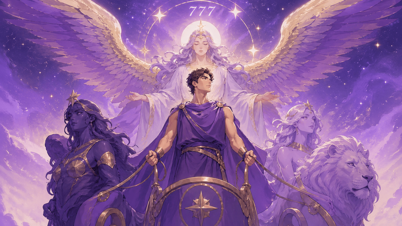 homme incarnant Le Chariot du tarot dans un espace étoilé avec l'ange Jophiel et le chiffre 777, symbolique sacrée du nombre 777 en numérologie
