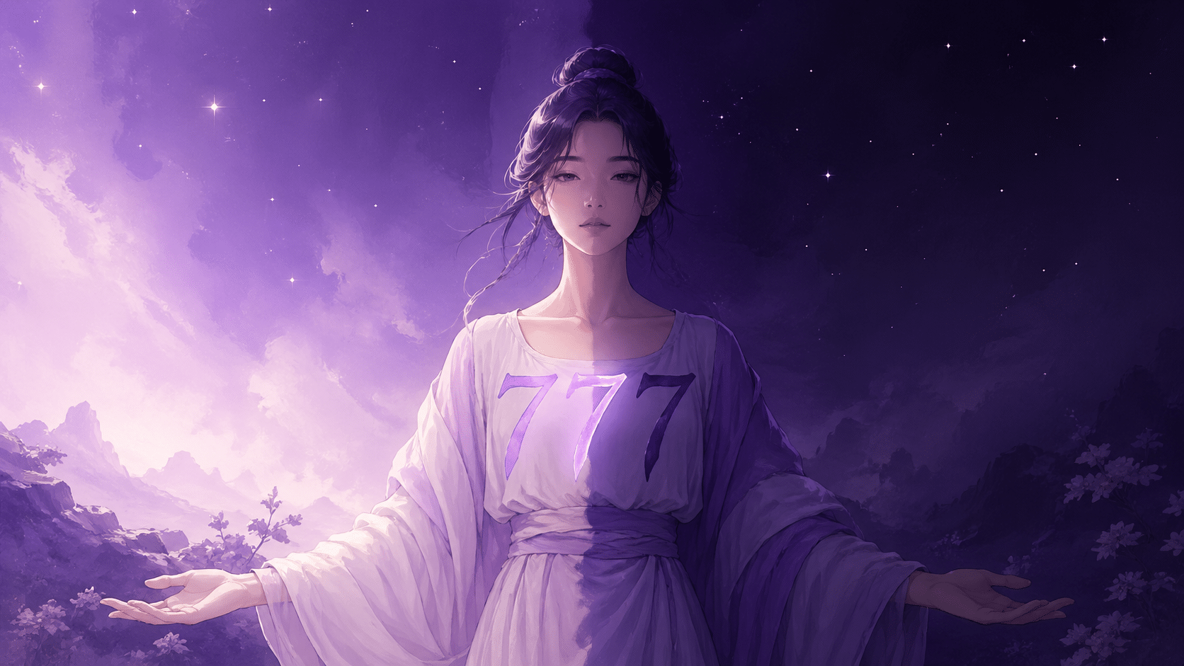 femme asiatique debout entre lumière et ombre avec le chiffre 777 violet améthyste, enseignement du nombre 777 en numérologie