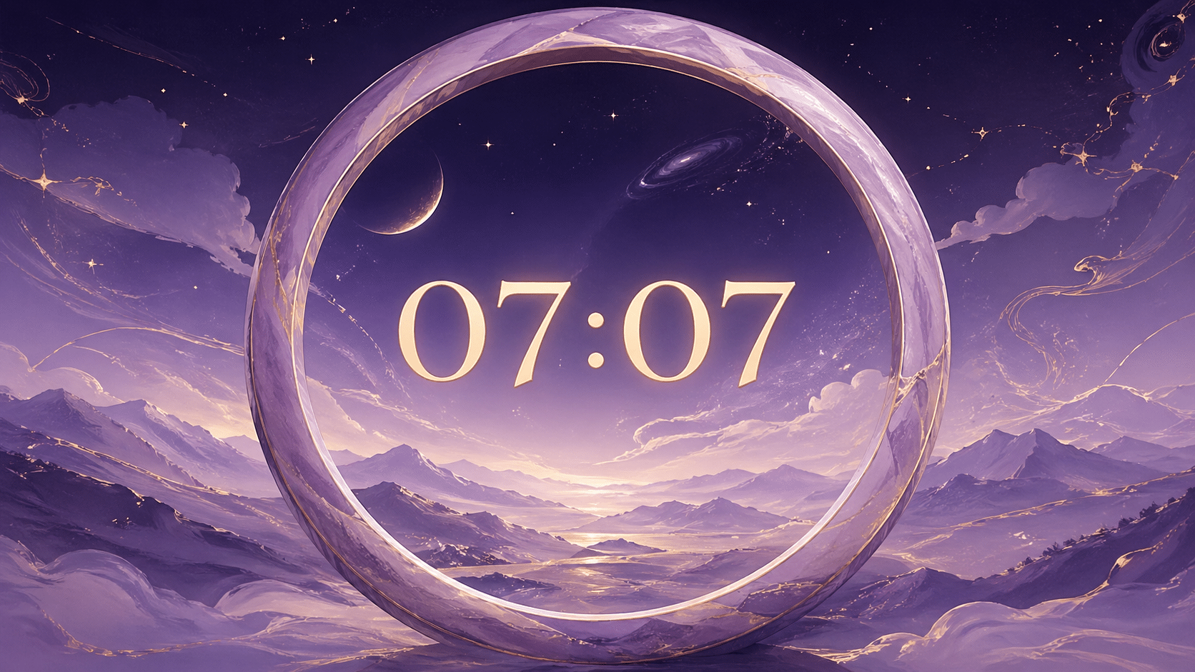 heure miroir 07:07 dans un cercle élégant sur fond de nuit étoilée violet et or, synchronicité du nombre 777 en numérologie