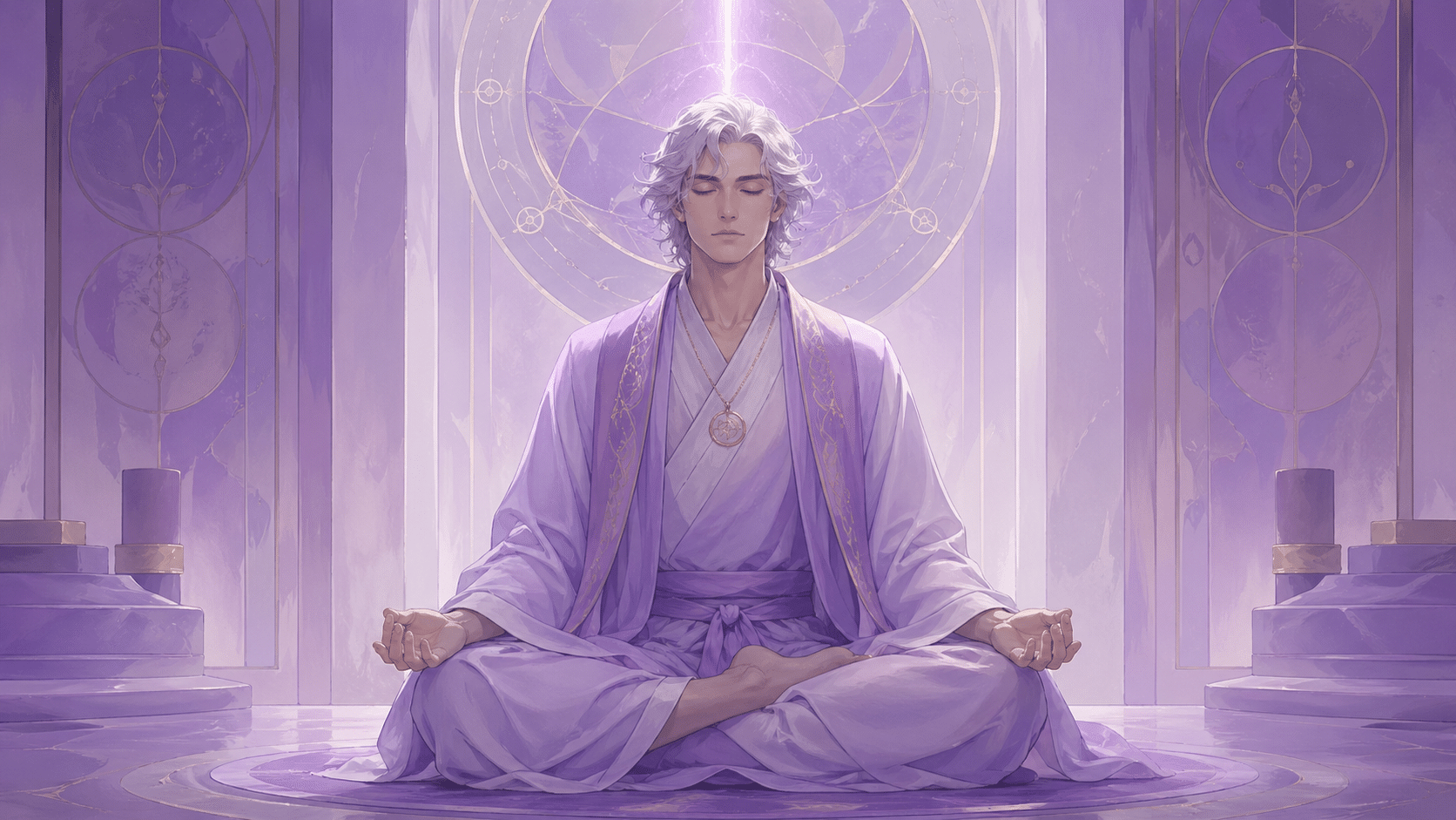 homme européen aux cheveux argentés en méditation avec une lumière violet améthyste à la couronne, vibration du nombre 777 en numérologie