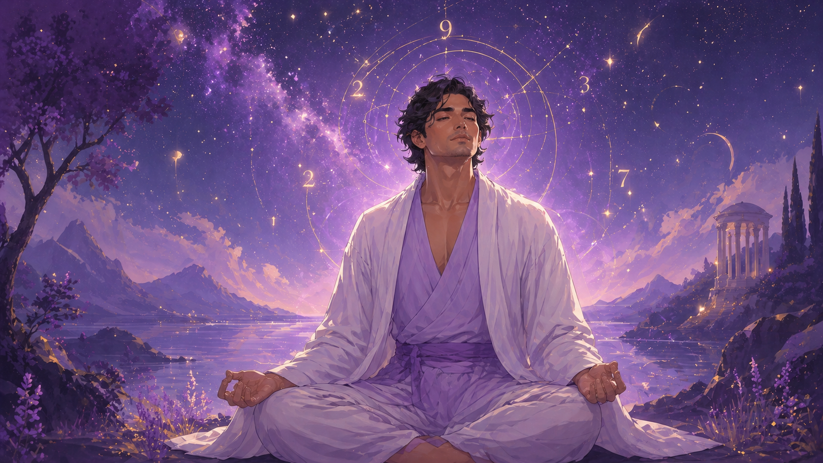 homme latinos en méditation dans un paysage étoilé avec de légers scintillements or violet, méditation guidée du nombre 777 en numérologie