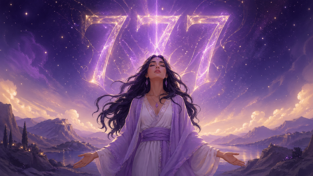 femme moyen-orientale debout dans un paysage étoilé avec le chiffre 777 violet améthyste, signification du nombre 777 en numérologie