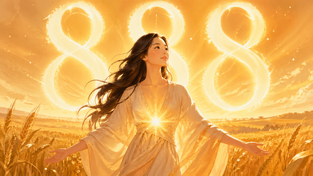 femme asiatique debout dans un paysage doré et lumineux avec le chiffre 888 en or brillant, signification du nombre 888 en numérologie