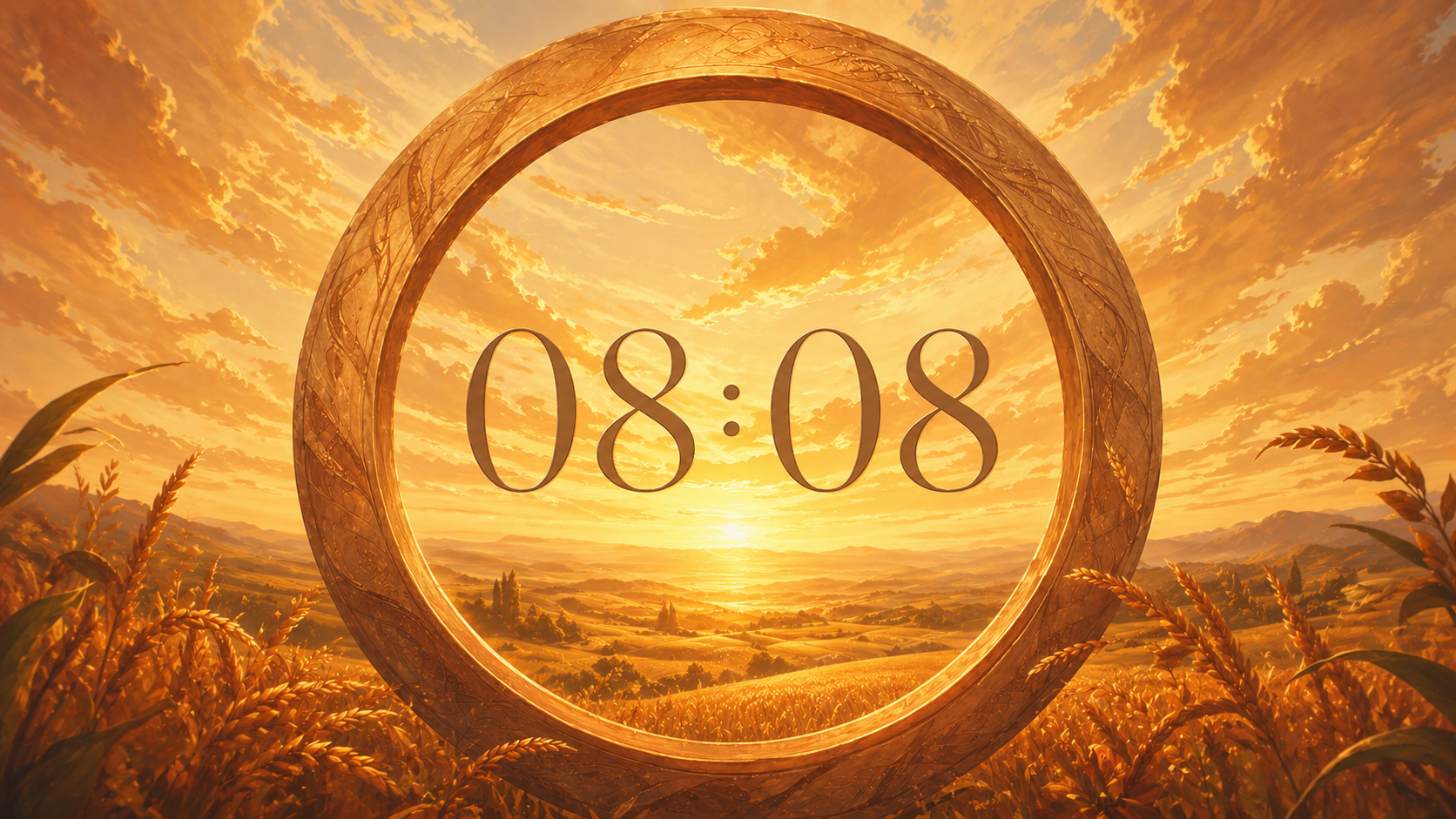 heure miroir 08:08 dans un cercle élégant sur fond de lever de soleil or et ambre, synchronicité du nombre 888 en numérologie