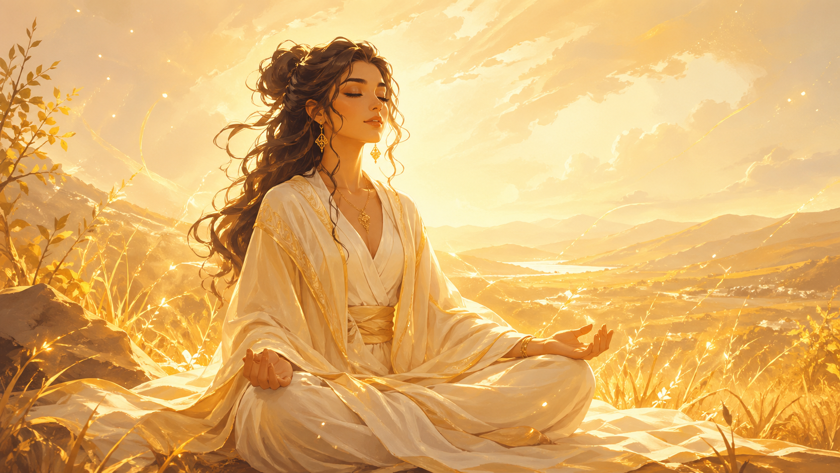femme moyen-orientale en méditation dans un paysage doré avec de légers scintillements or chaud, méditation guidée du nombre 888 en numérologie
