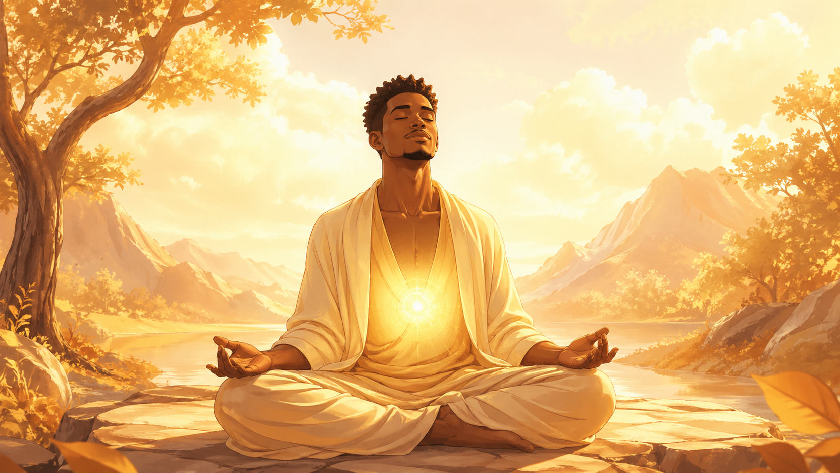 homme africain en méditation avec une lumière or brillant au plexus solaire, vibration du nombre 888 en numérologie