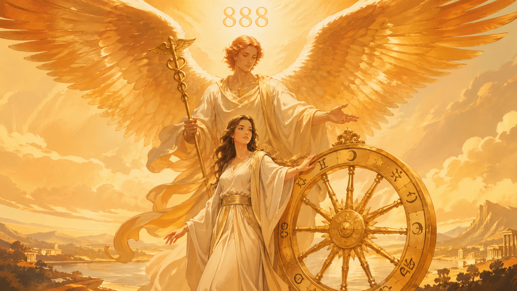 femme incarnant La Roue de Fortune du tarot avec l'ange Raphaël et le chiffre 888, symbolique sacrée du nombre 888 en numérologie