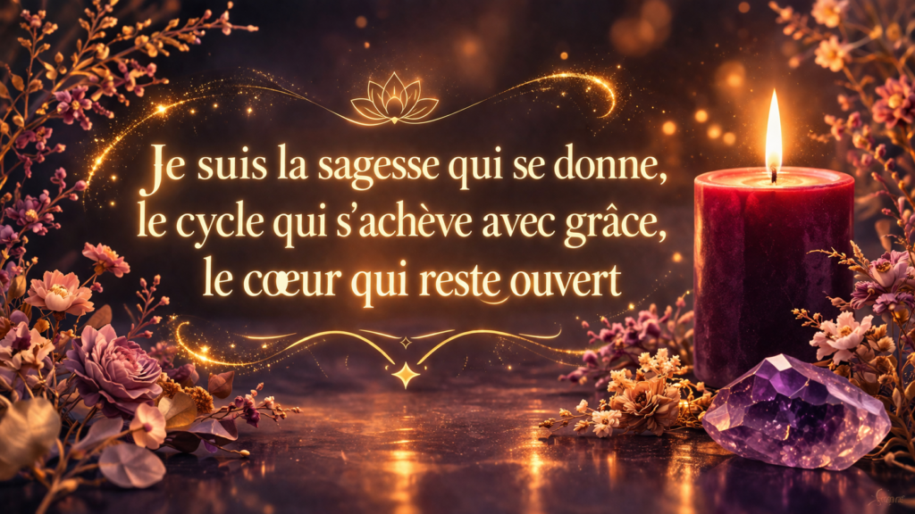 bougie bordeaux allumée, améthyste et fleurs séchées dans une atmosphère intime, évoquant le mantra de la signification du nombre 9