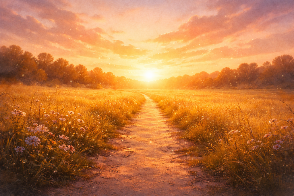 chemin de terre s'étendant vers l'horizon au coucher du soleil, symbole de fin de cycle dans la signification du nombre 9