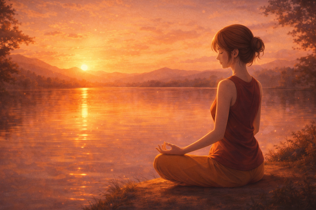 femme en méditation au bord d'un lac au coucher du soleil, illustrant la pratique contemplative de la signification du nombre 9