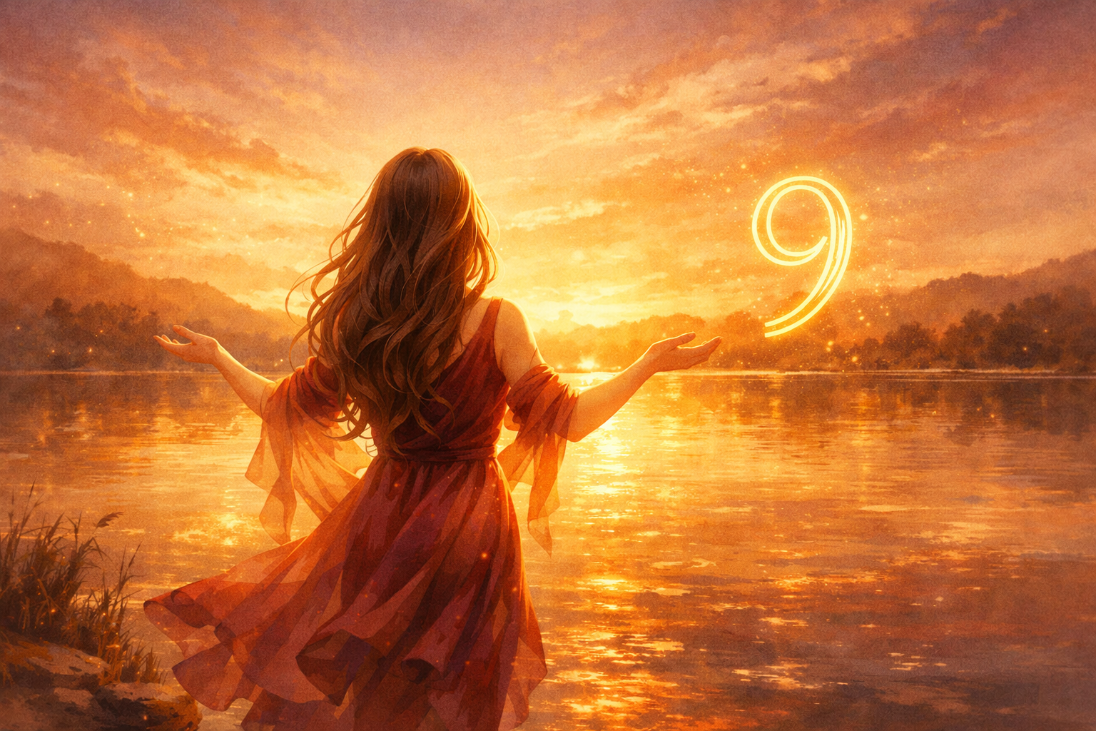 femme de dos les bras ouverts au bord d'un lac au crépuscule, illustrant la signification du nombre 9 en numérologie