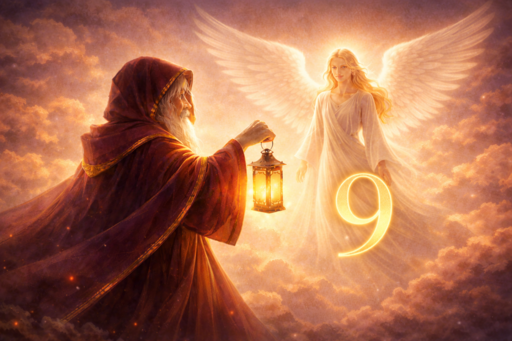 personnage inspiré de l'Hermite du tarot tenant une lanterne, avec une figure angélique lumineuse en fond, illustrant la symbolique sacrée du nombre 9