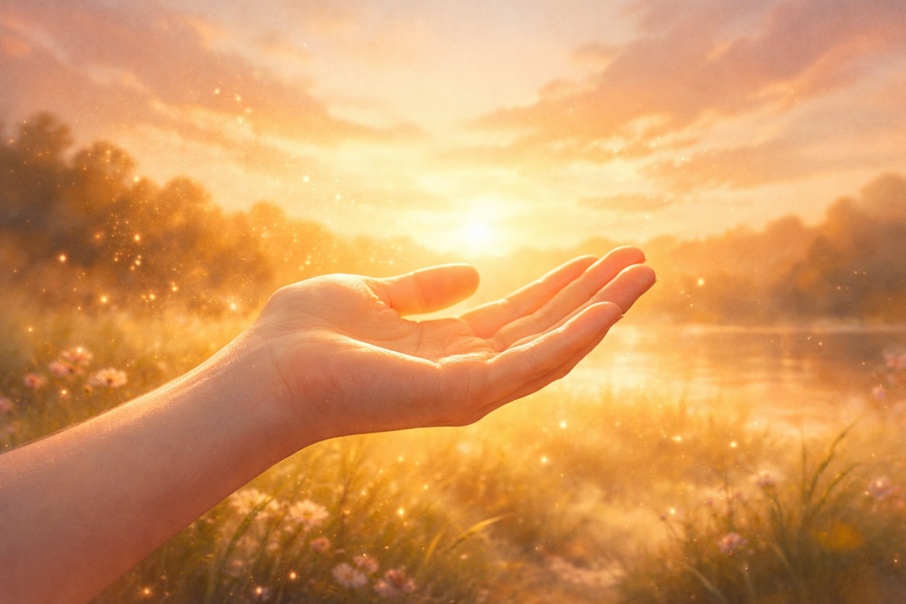 main ouverte paume vers le ciel en lumière dorée, évoquant la vibration d'offrande de la signification du nombre 9