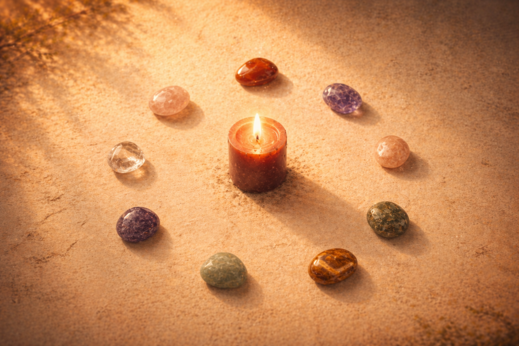 cercle de neuf pierres naturelles avec bougie au centre, illustrant le rituel du cercle de cl?ture des rituels du nombre 9