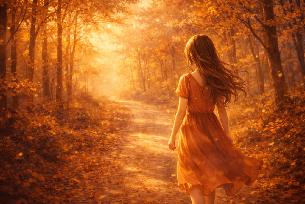 femme marchant de dos sur un chemin en for?t automnale dor?e, illustrant la marche de gratitude des rituels du nombre 9