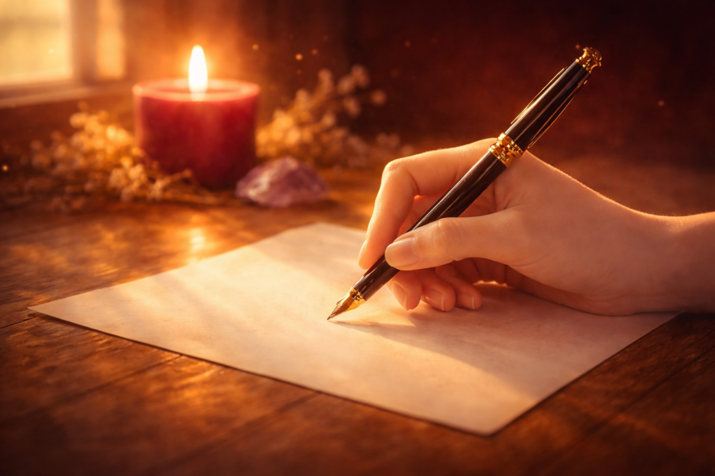 main tenant un stylo sur une feuille blanche avec bougie en arri?re-plan, illustrant le rituel de la lettre de lib?ration des rituels du nombre 9