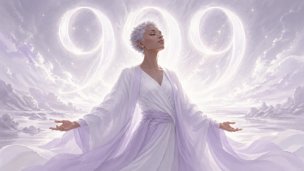 femme africaine aux cheveux argentés debout dans un paysage blanc lumineux avec le chiffre 999 argenté, signification du nombre 999 en numérologie