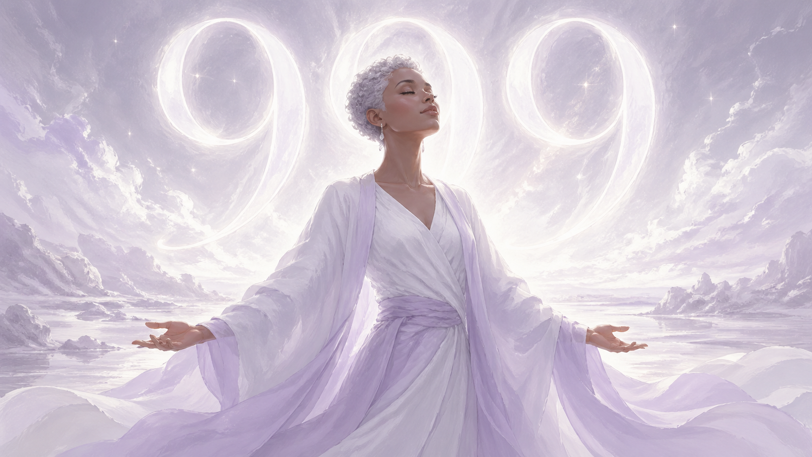 femme africaine aux cheveux argentés debout dans un paysage blanc lumineux avec le chiffre 999 argenté, signification du nombre 999 en numérologie