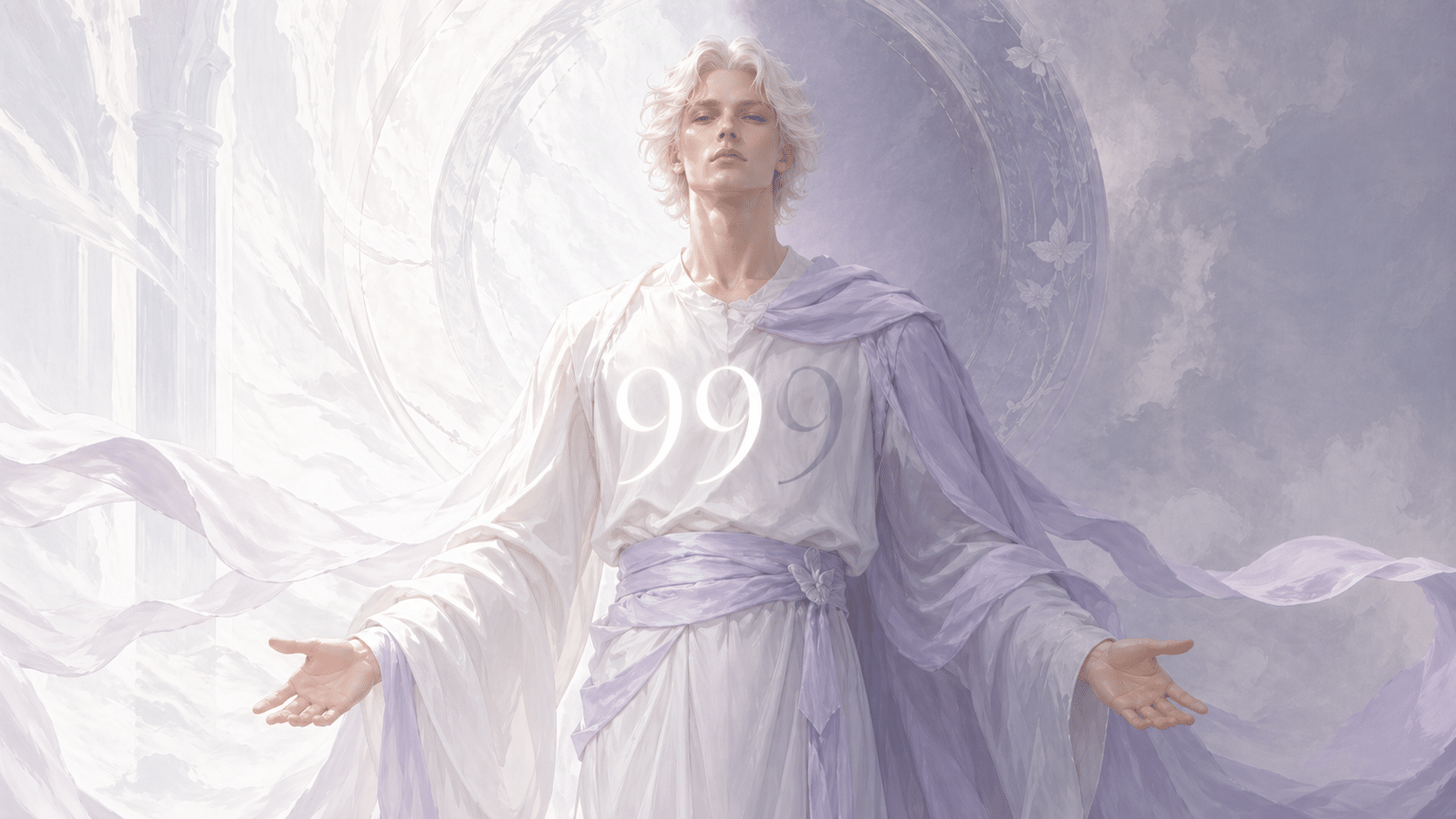 homme européen aux cheveux blancs debout entre lumière et ombre avec le chiffre 999, enseignement du nombre 999 en numérologie
