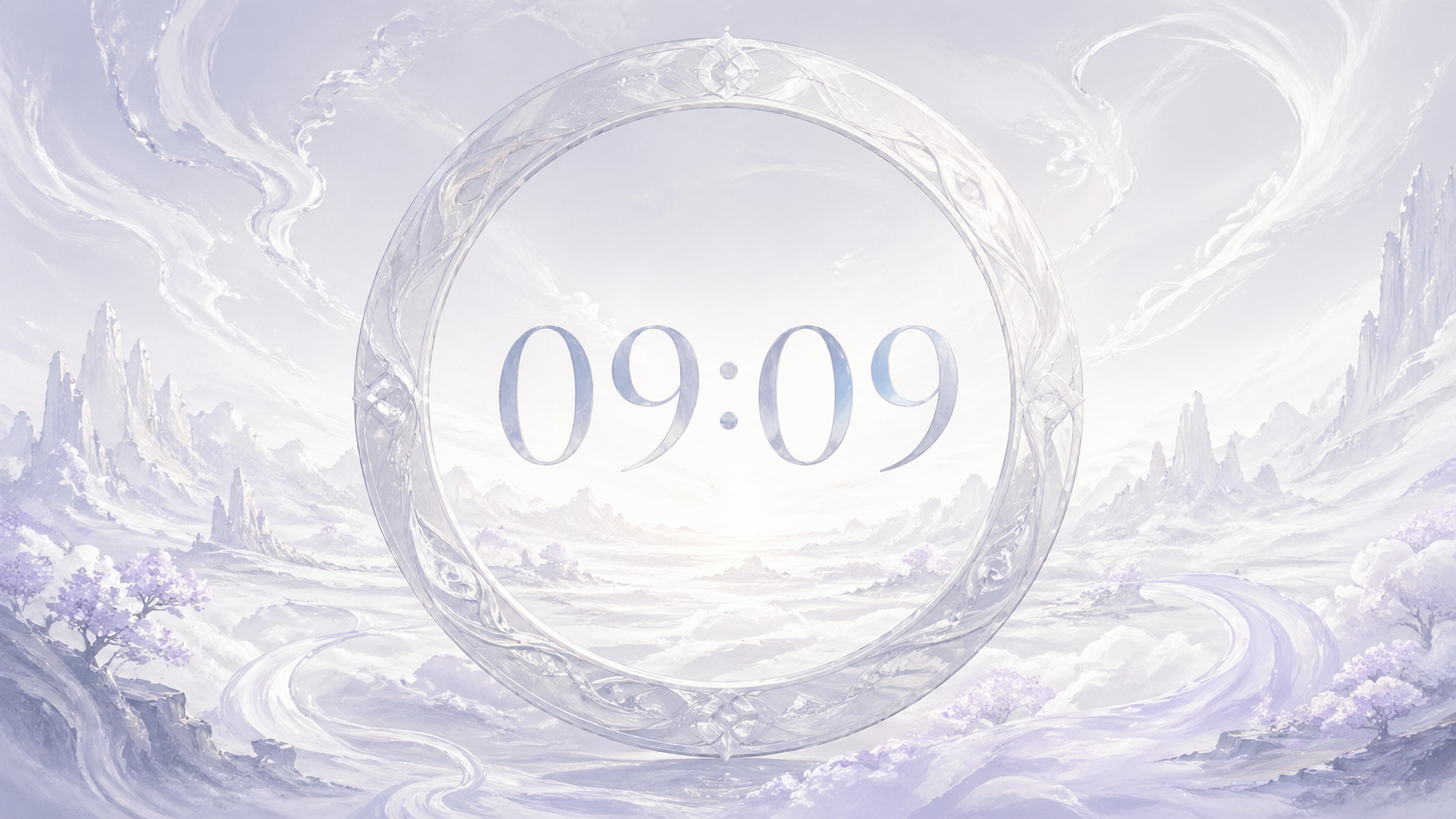 heure miroir 09:09 dans un cercle élégant sur fond éthéré blanc et argenté, synchronicité du nombre 999 en numérologie