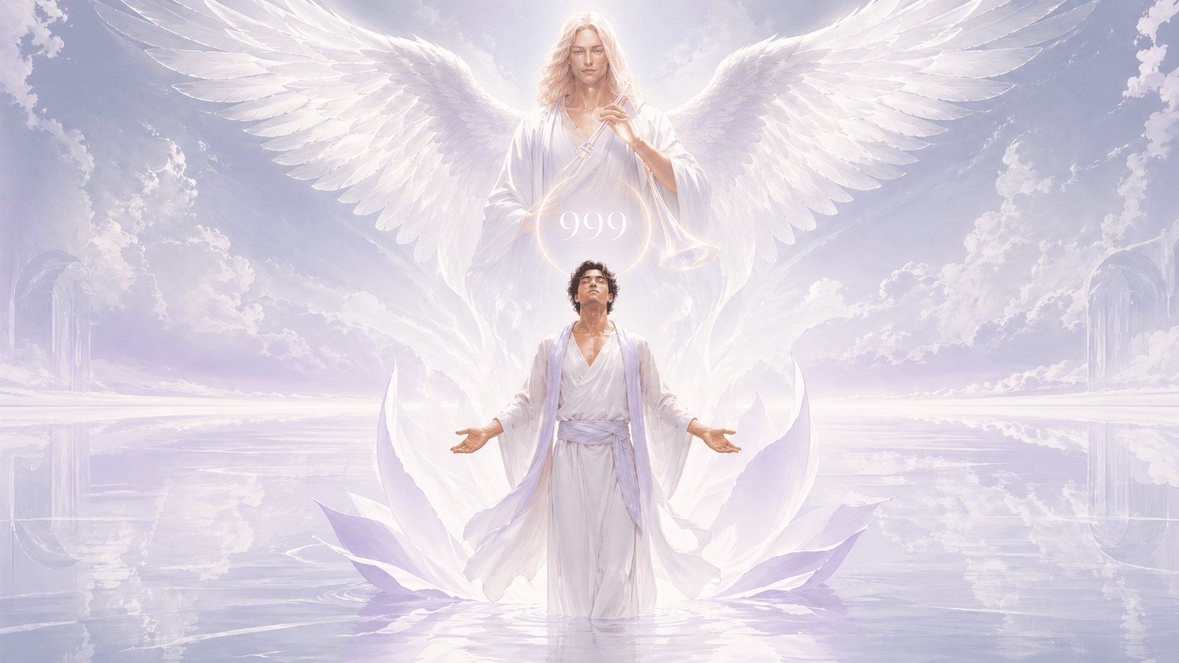 personnages incarnant Le Jugement du tarot avec l'ange Azraël et le chiffre 999 en lumière blanche, symbolique sacrée du nombre 999 en numérologie