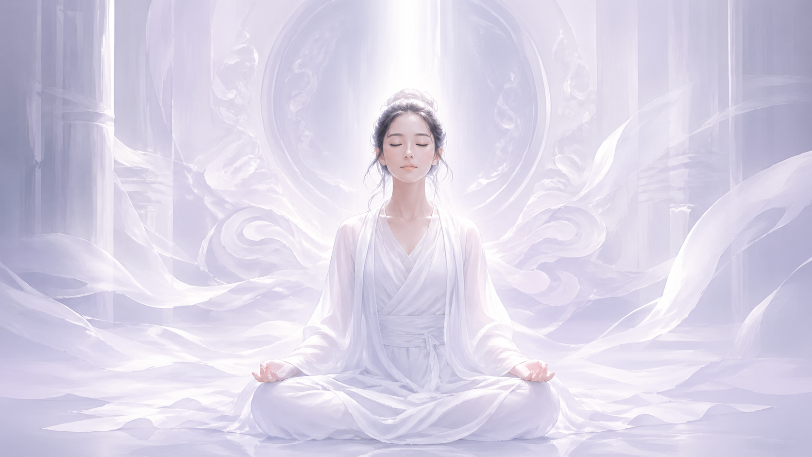femme asiatique en méditation avec une lumière blanche pure à la couronne dans un espace éthéré, vibration du nombre 999 en numérologie