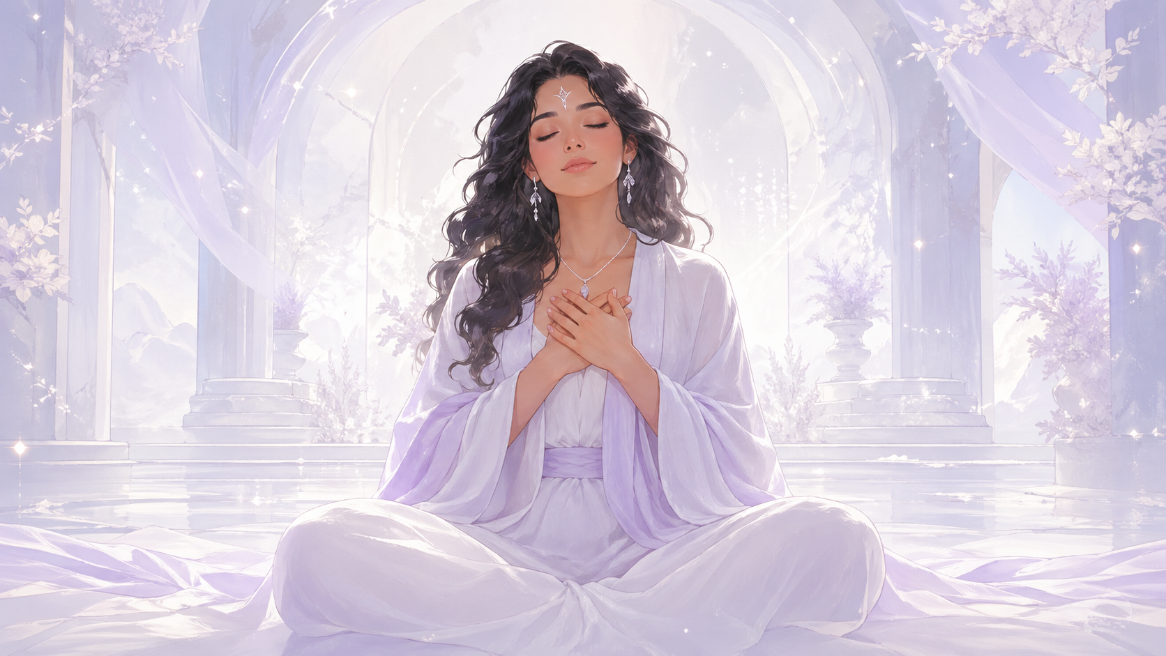 femme latinos en méditation dans un espace blanc éthéré avec de légers scintillements argentés, méditation guidée du nombre 999 en numérologie