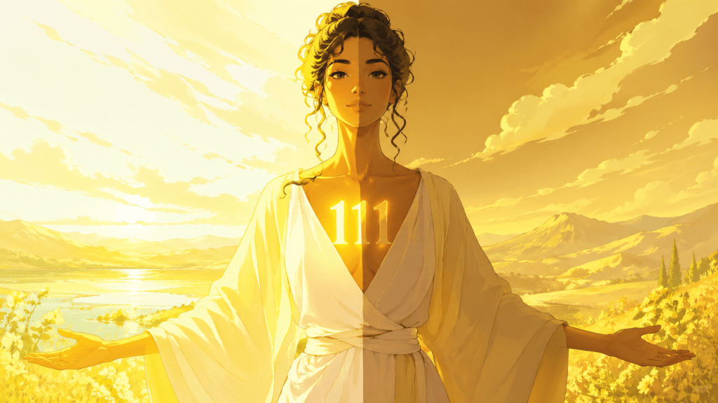 femme debout au lever du soleil avec le chiffre 111 lumineux, signification du nombre 111 en numérologie
