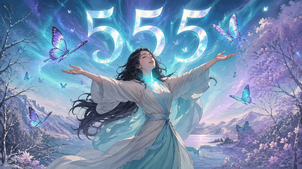 femme aux cheveux longs debout dans un paysage irisé avec le chiffre 555 turquoise, signification du nombre 555 en numérologie