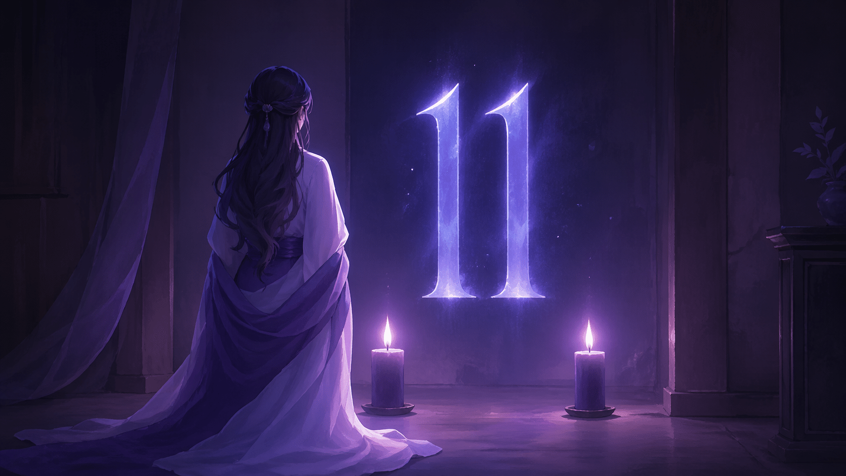 femme vue de dos face à deux bougies violettes avec le chiffre 11 lumineux, rituels du nombre 11 en numérologie