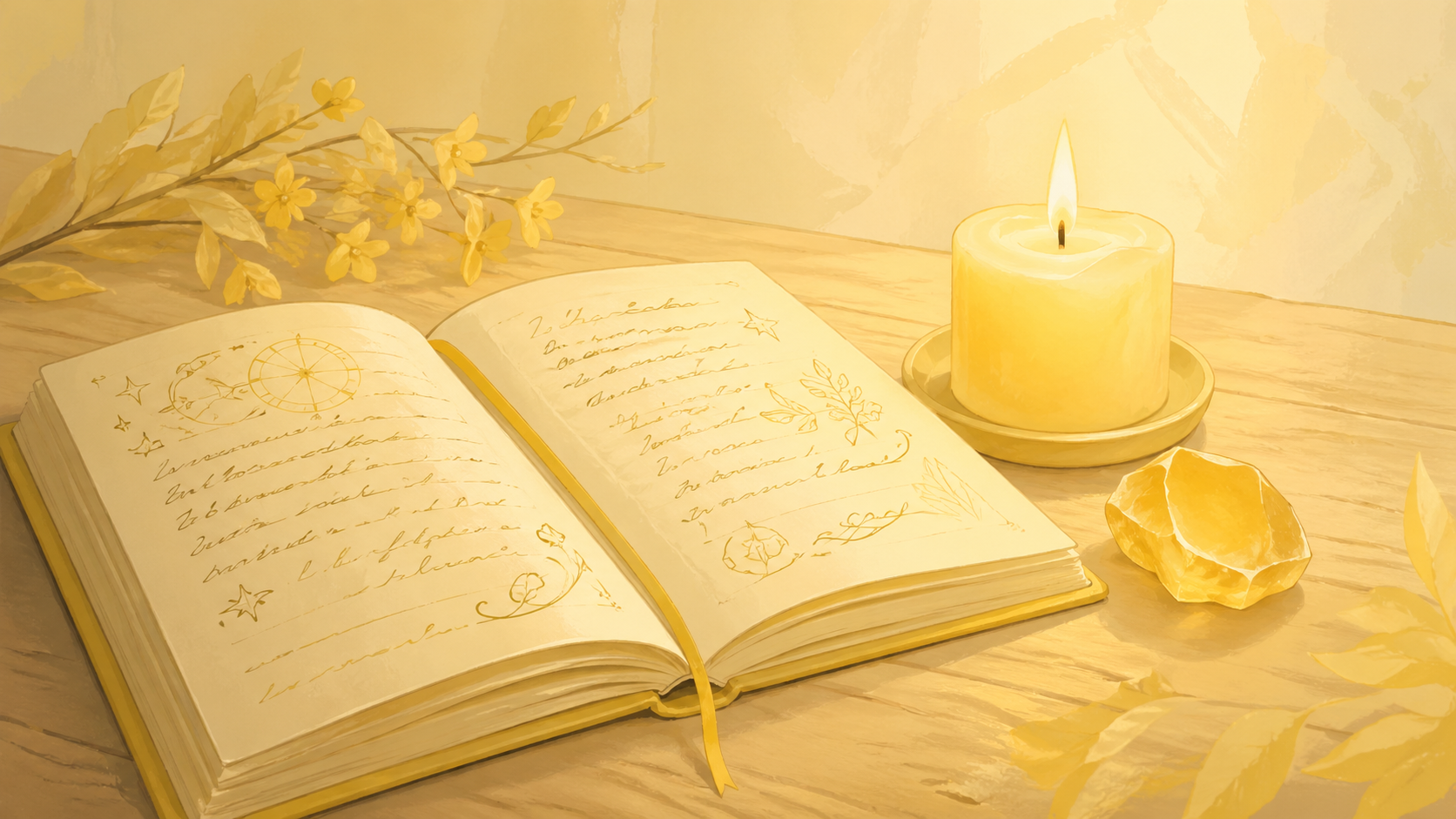 carnet ouvert avec une citrine mate et une bougie dorée allumée sur bois clair, rituel du journal d'intentions du nombre 111