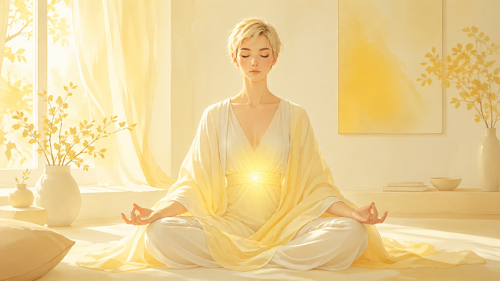femme africaine en méditation dans un espace lumineux avec une lumière jaune au plexus solaire, rituel des trois souffles du nombre 111