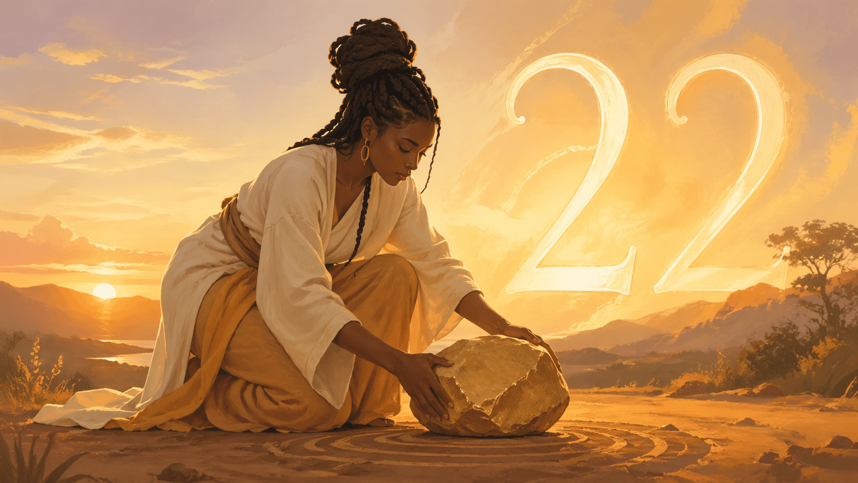 femme noire aux cheveux tressés posant une pierre avec intention à l'aube avec le chiffre 22, rituels du nombre 22 en numérologie