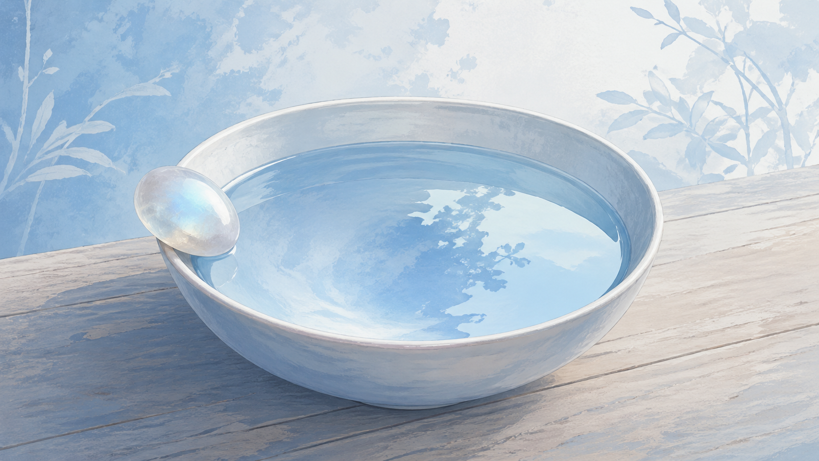 bol en céramique blanche rempli d'eau avec une pierre de lune posée sur le bord, rituel de la méditation de l'eau du nombre 222