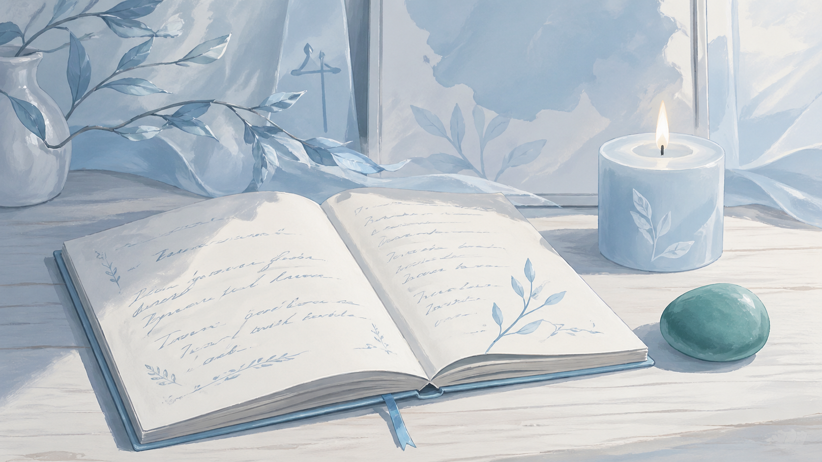 carnet ouvert avec une aventurine verte mate et une bougie bleue sur bois clair, rituel du bain de gratitude du nombre 222
