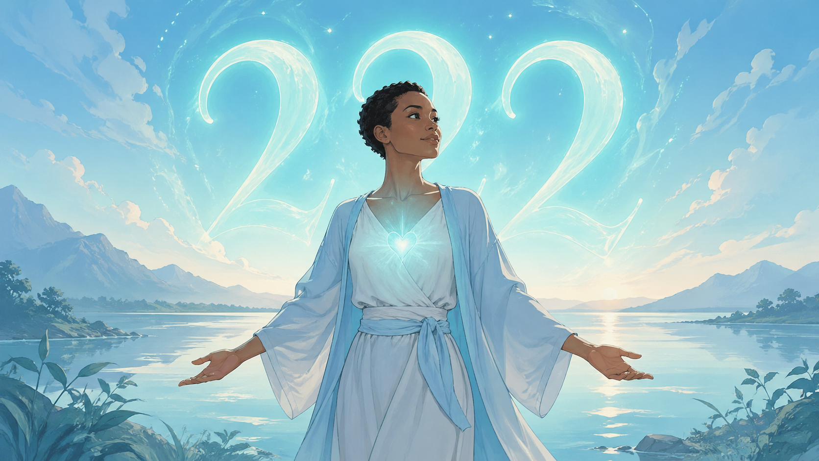 femme nordique debout au bord d'un lac avec le chiffre 222 lumineux bleu aqua, rituels du nombre 222 en numérologie