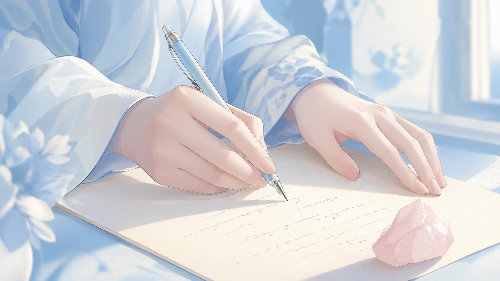 mains asiatiques écrivant une lettre avec un quartz rose mat dans une lumière bleu aqua, rituel de la lettre du nombre 222
