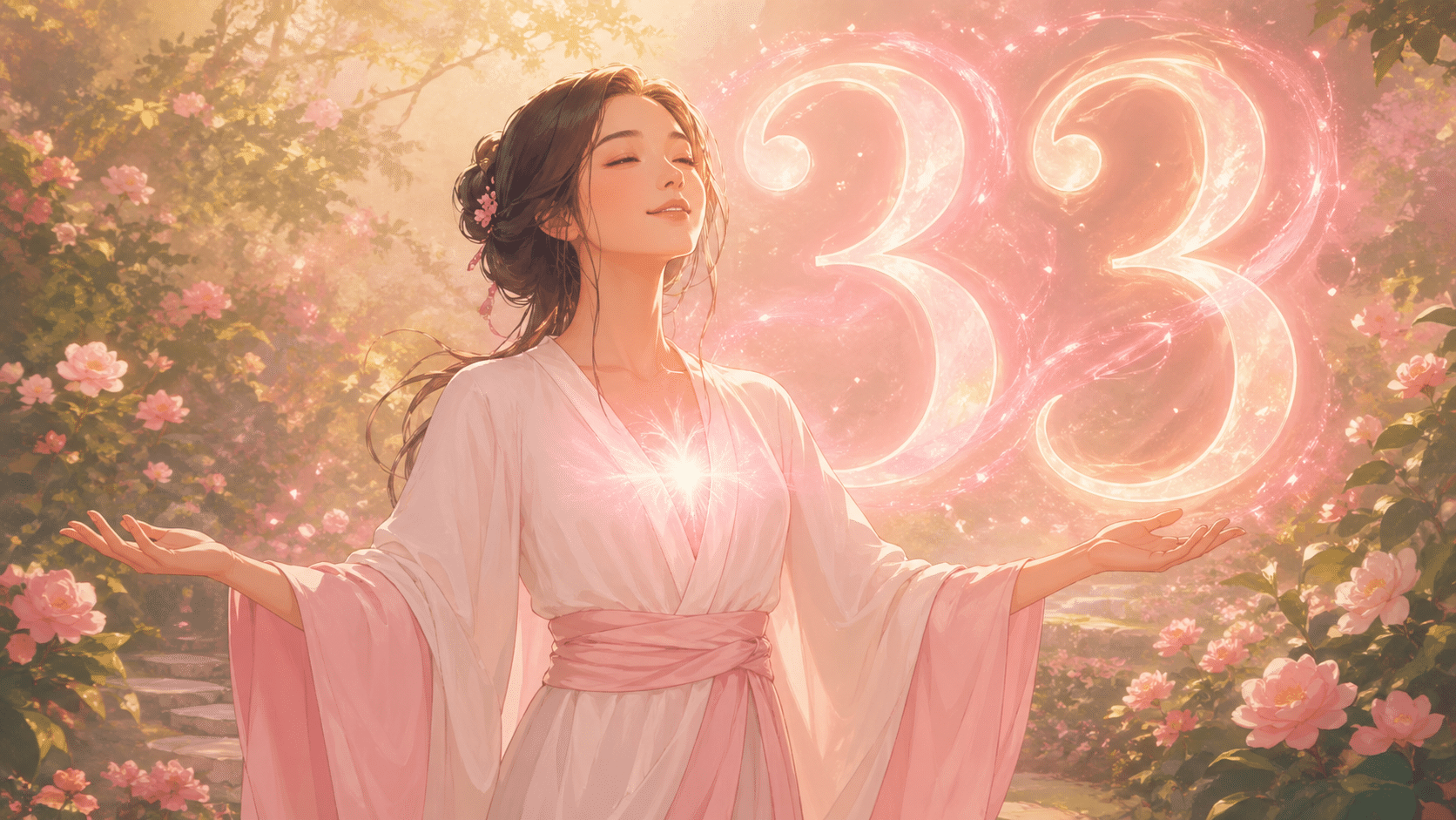 femme asiatique bras ouverts dans un jardin fleuri avec le chiffre 33 lumineux, rituels du nombre 33 en numérologie