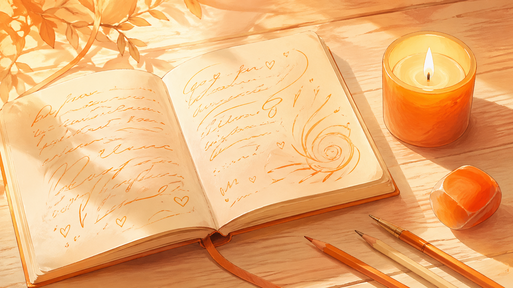 carnet ouvert avec des traits créatifs, une cornaline orange mate et une bougie allumée sur bois clair, rituel du journal créatif du nombre 333
