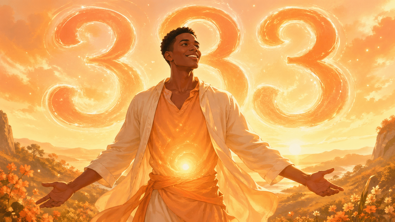 homme africain debout dans un paysage orange joyeux avec le chiffre 333 lumineux, rituels du nombre 333 en numérologie