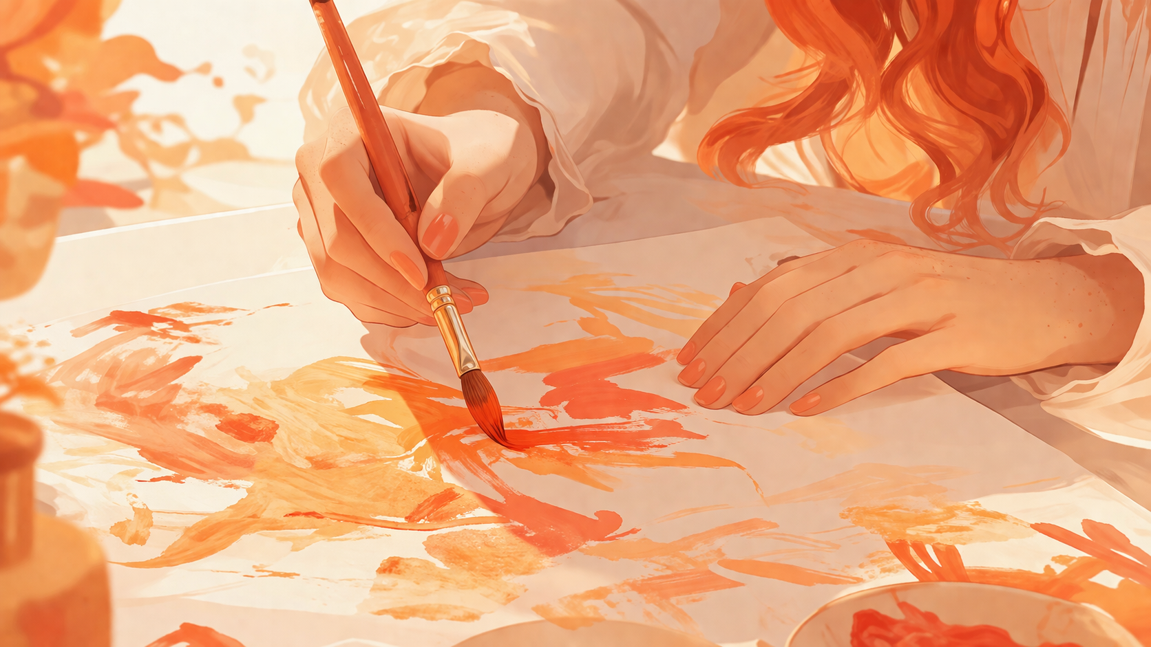 mains féminines rousses tenant un pinceau au-dessus d'une feuille colorée dans une lumière orange joyeuse, rituel de la création libre du nombre 333