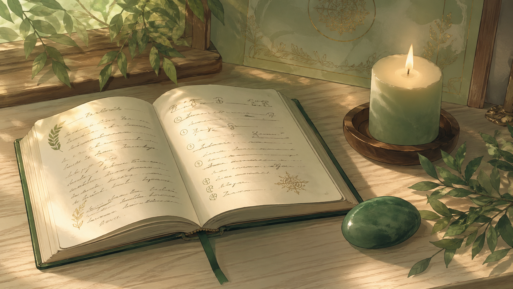 carnet ouvert avec un jade vert mat et une bougie verte allumée sur bois clair, rituel du journal de constance du nombre 444