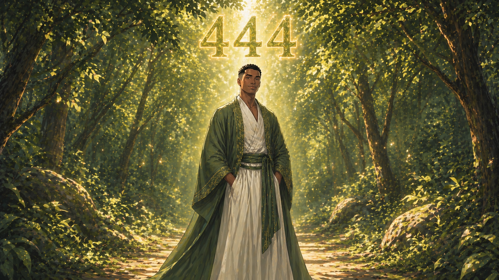 homme africain debout dans une forêt lumineuse avec le chiffre 444 en vert doré, rituels du nombre 444 en numérologie
